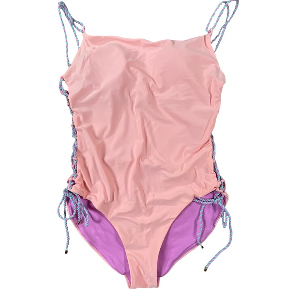 No Boundaries size Xl peach, teal, & lilac colored one piece bathing suit NWOT - Picture 1 of 9